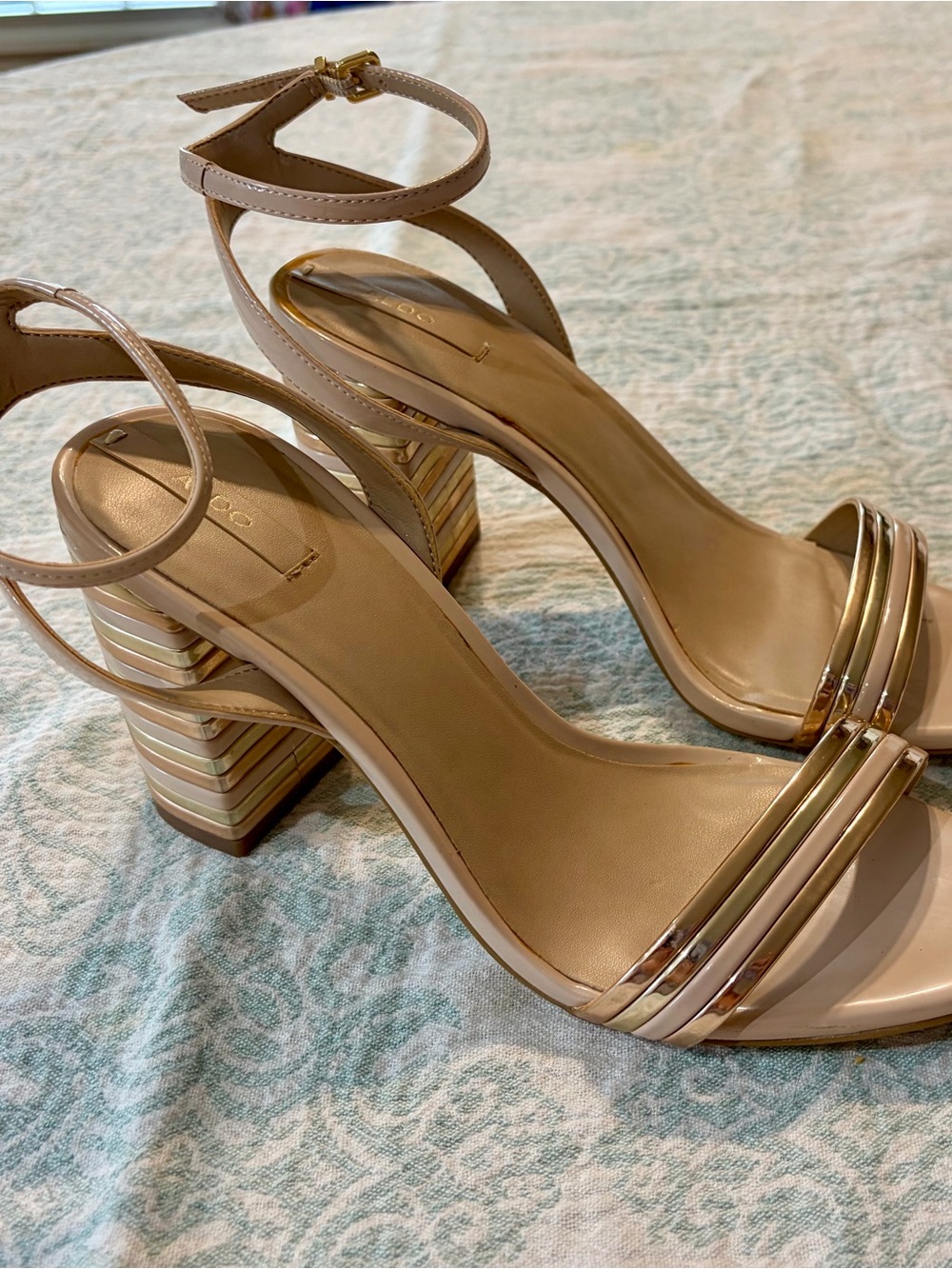 Nude Ankle-Strap Block Heel Sandals with Metallic Accents - Size 7.5